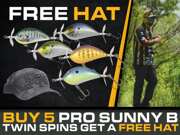 Buy 5 Sunny B Twin Spin topwater baits and get a free Bagley Baits hat
